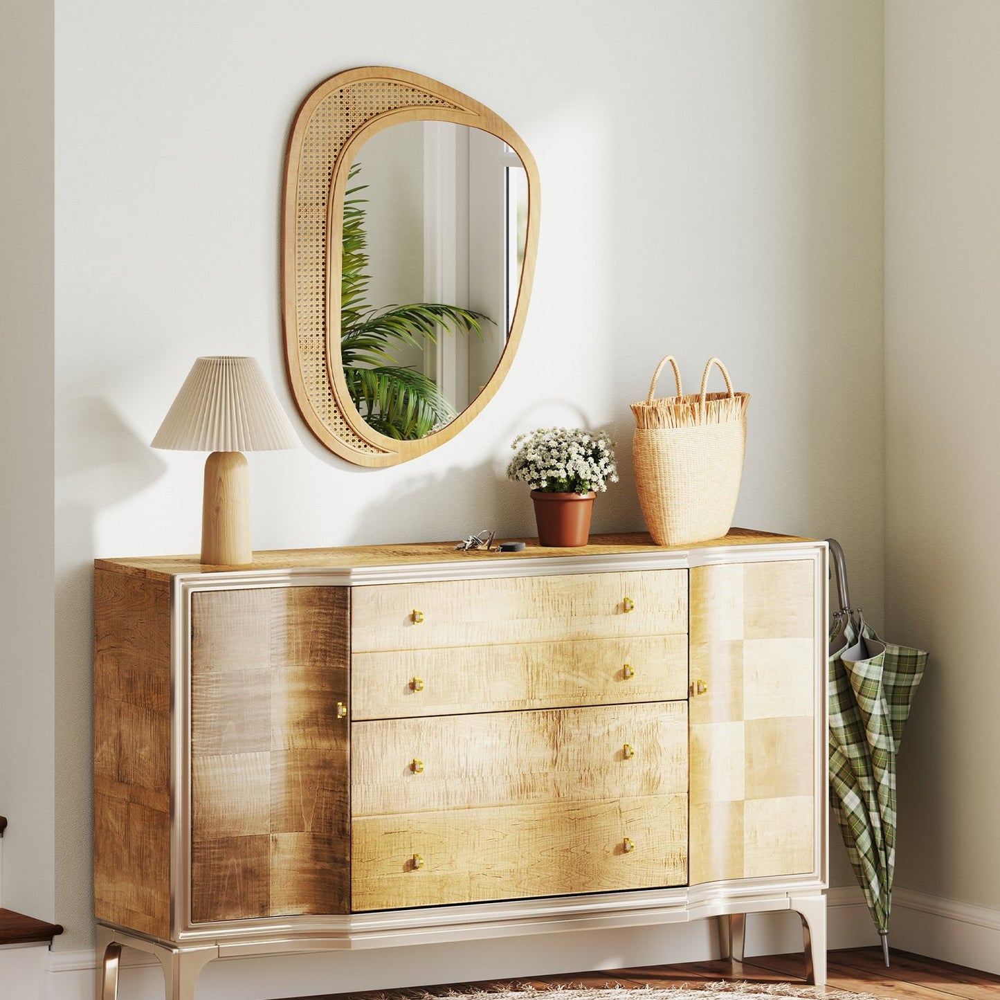 Bohemian Irregular Wall Mounted Decorative Mirror with Wooden Frame-Natural