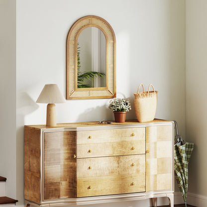 35.5 Inches x 23.5 Inches Rattan Wall Mounted Decorative Mirror with Wooden Frame-Natural