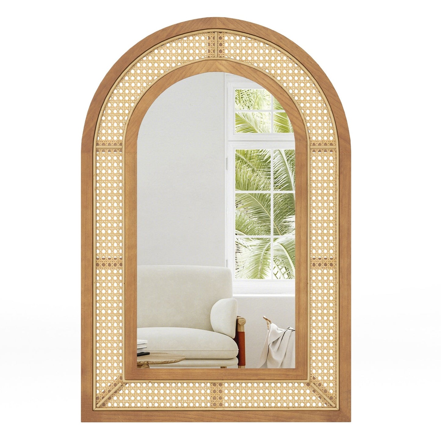 35.5 Inches x 23.5 Inches Rattan Wall Mounted Decorative Mirror with Wooden Frame-Natural