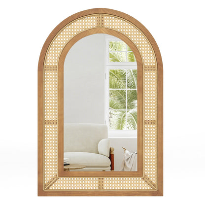 35.5 Inches x 23.5 Inches Rattan Wall Mounted Decorative Mirror with Wooden Frame-Natural
