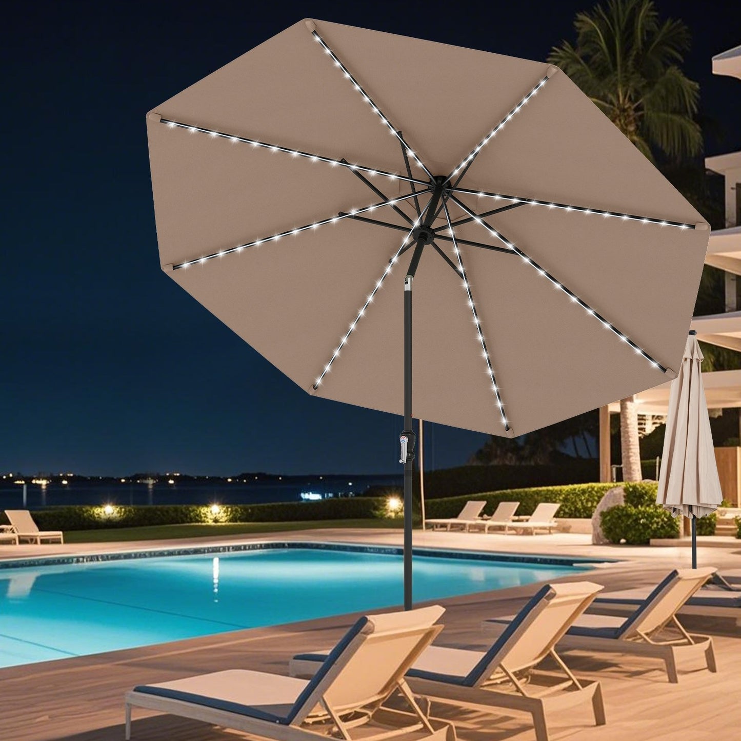 10 Feet Solar Patio Umbrella with 96 Multi-Colored Flowing LED Lights and Tilt Adjustment-Beige