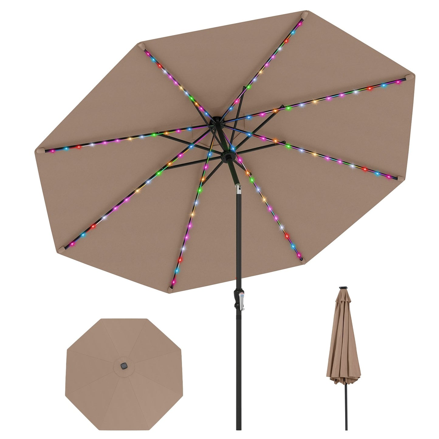 10 Feet Solar Patio Umbrella with 96 Multi-Colored Flowing LED Lights and Tilt Adjustment-Beige