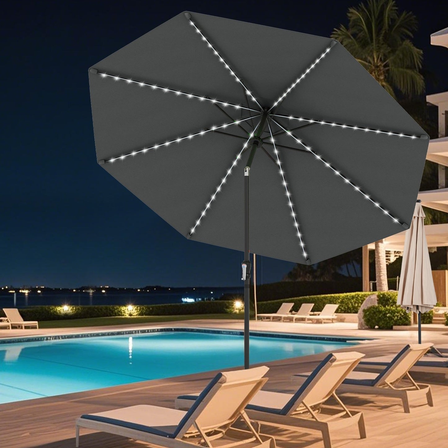 10 Feet Solar Patio Umbrella with 96 Multi-Colored Flowing LED Lights and Tilt Adjustment-Beige