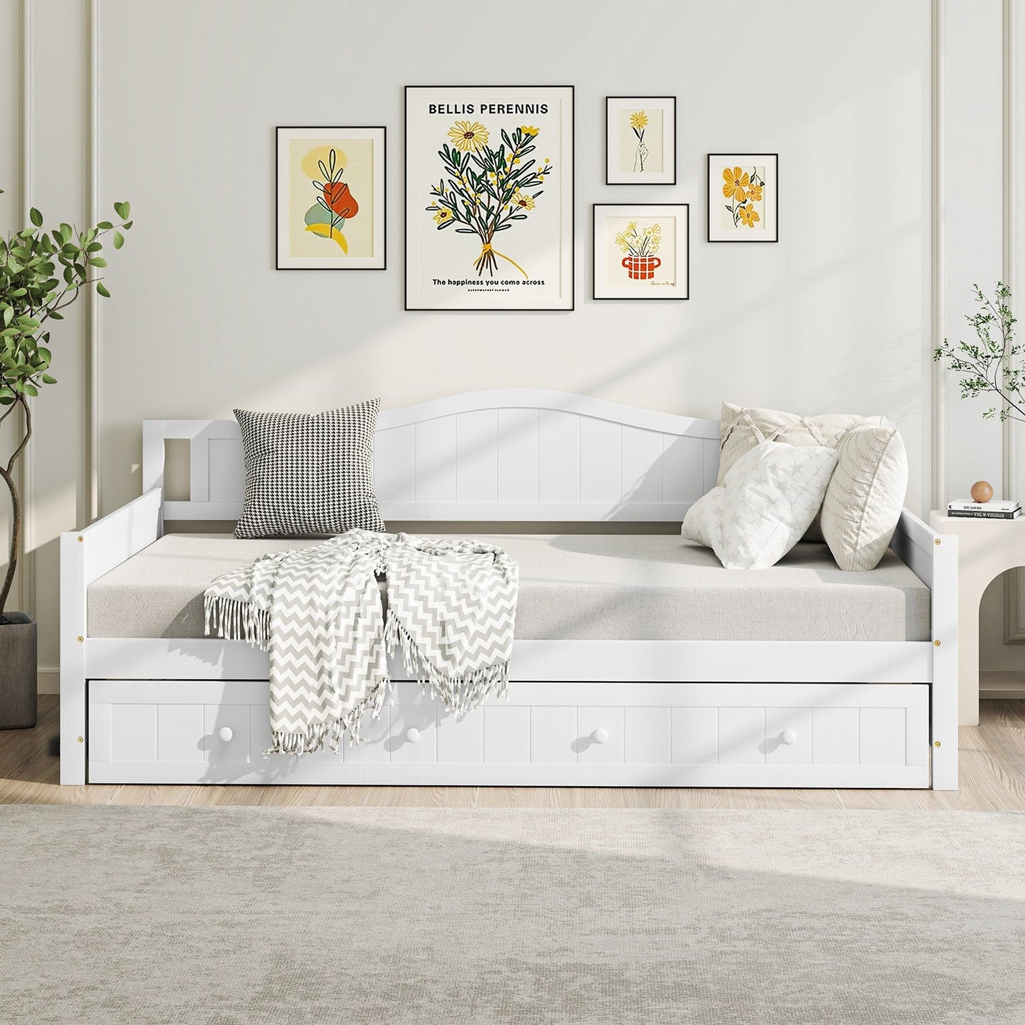 Twin Size Daybed with Trundle and Slats Support on Wheels-Gray