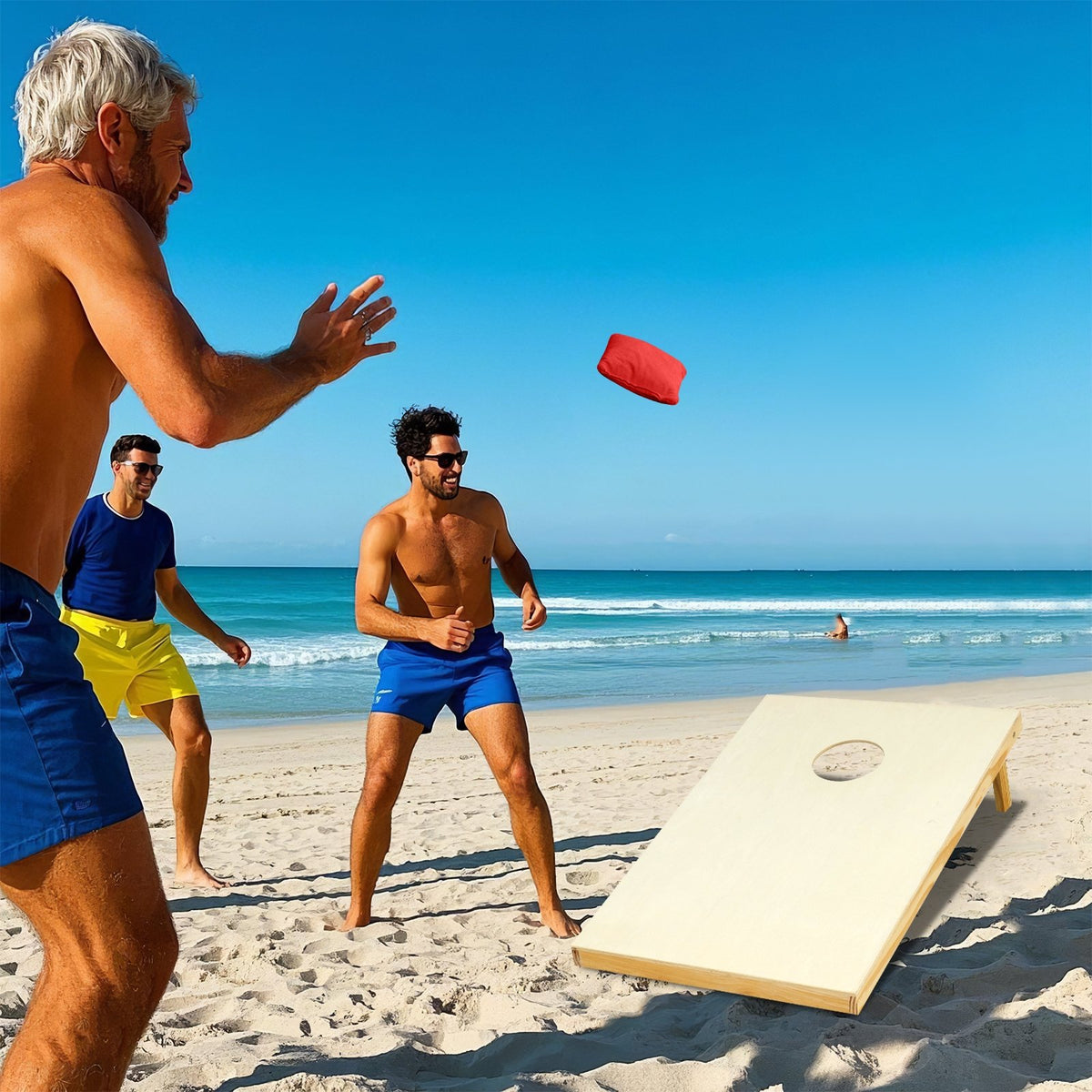 Solid wood cornhole game set with two boards and eight bean bags, portable outdoor toy for family fun and yard games.