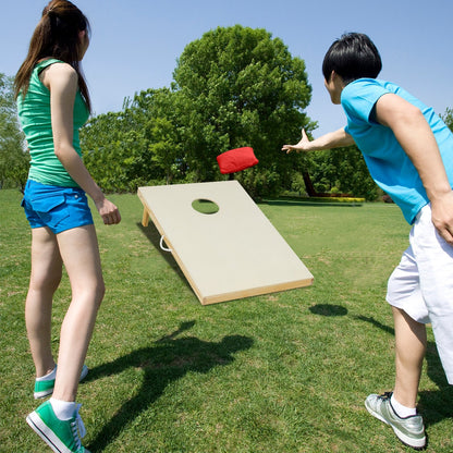 Solid wood cornhole board set with 8 bean bags, portable outdoor game for fun and recreation.