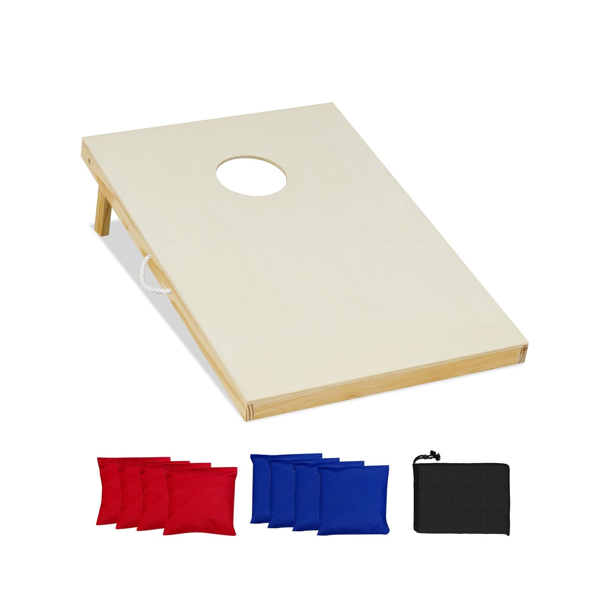 Solid wood cornhole game set with two boards and eight bean bags, portable outdoor toy for fun backyard play.
