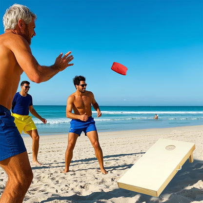 Solid wood cornhole board set with portable design and 8 bean bags for outdoor play, featuring a durable, classic style.