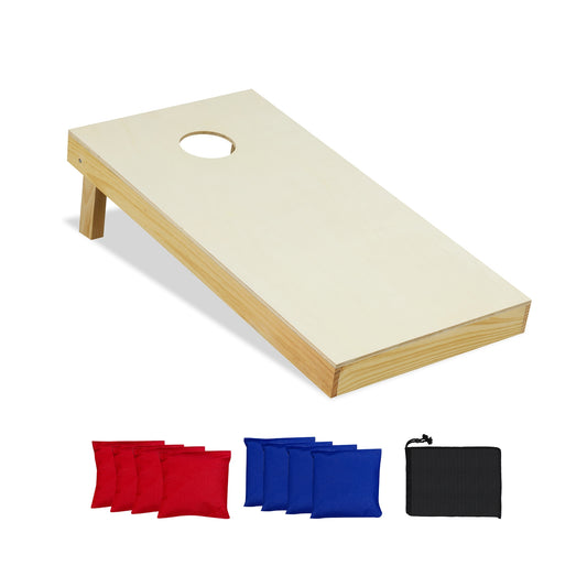 Solid wood cornhole game set with two portable boards and eight bean bags, perfect for outdoor play and backyard fun.
