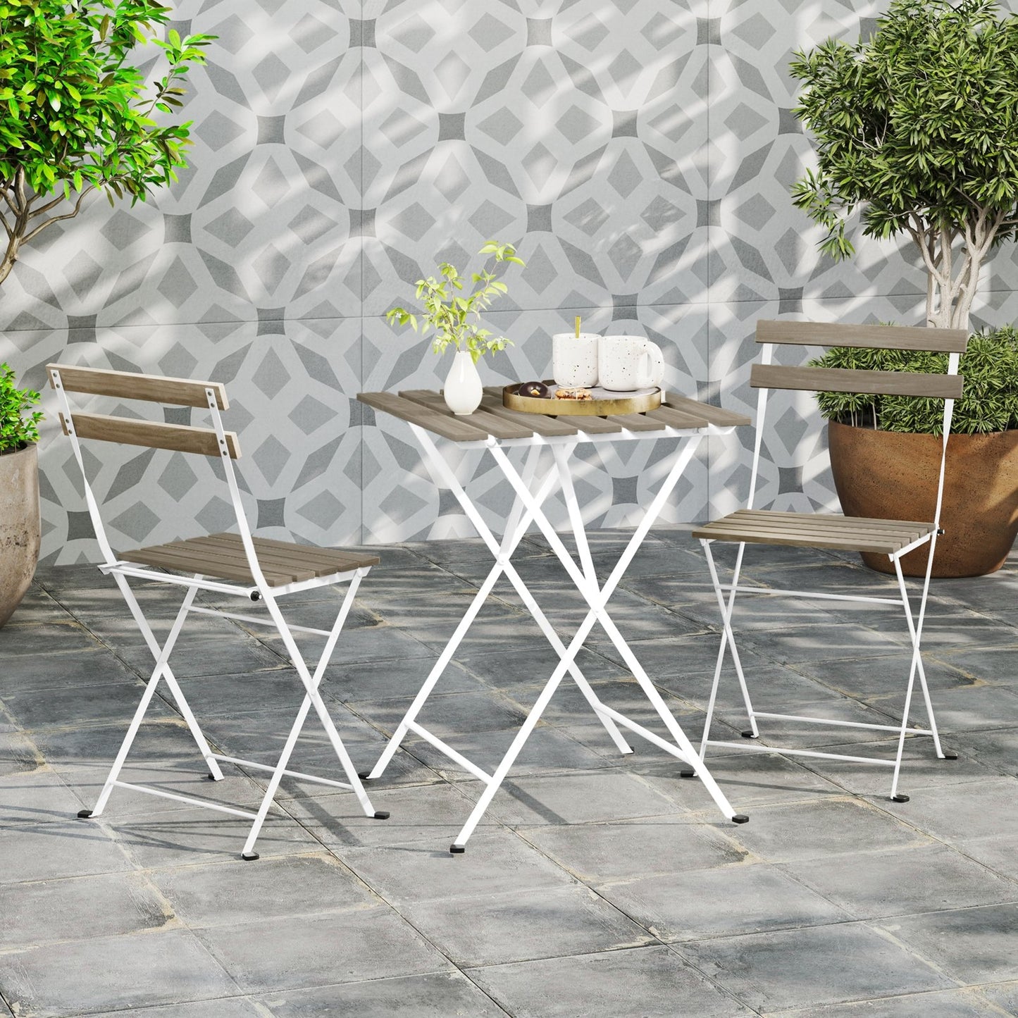 3 Piece Patio Acacia Wood Bistro Set with Slatted Seat and Tabletop-Brown