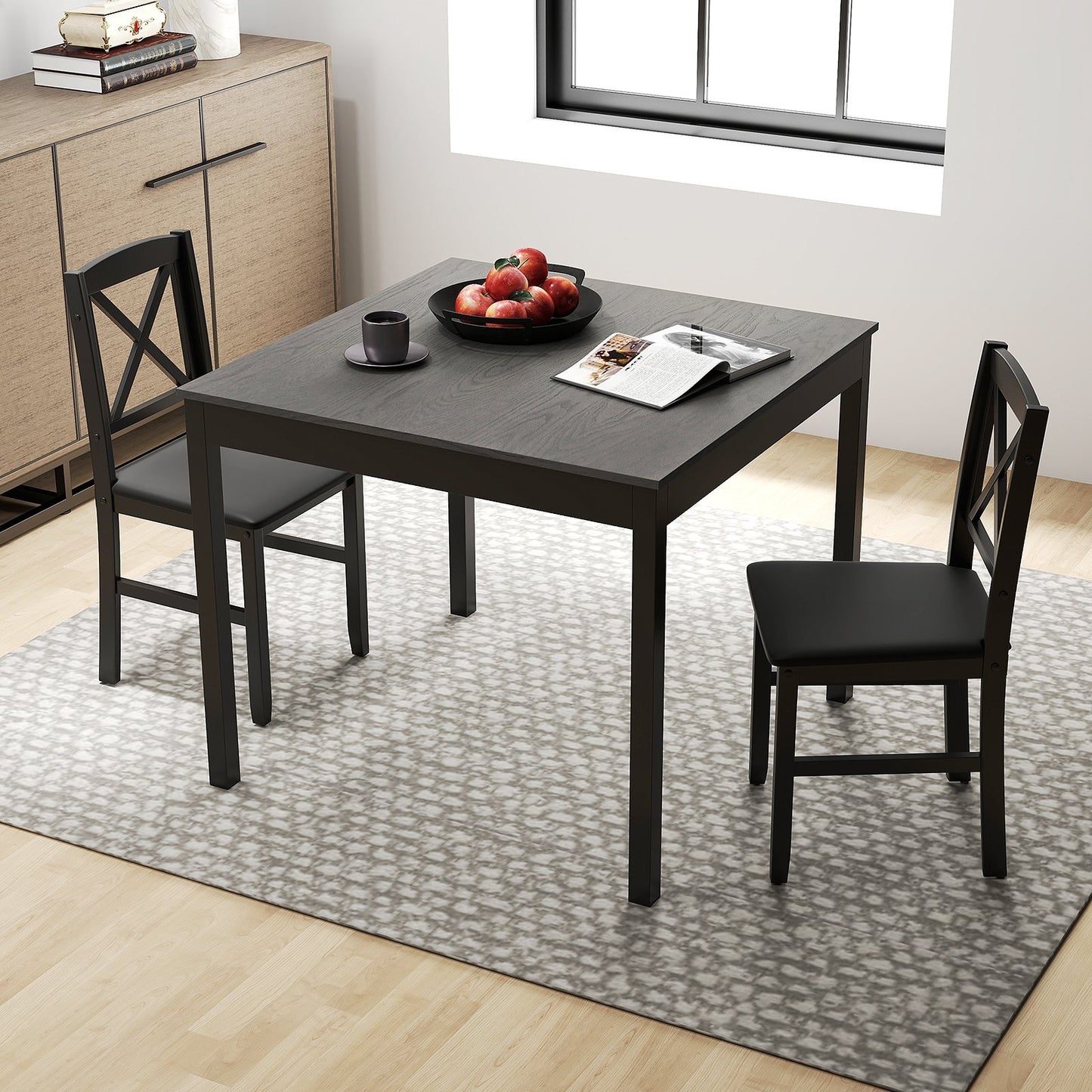 3-Piece Dining Table Set Wooden Square Kitchen Table for 2 People-Brown