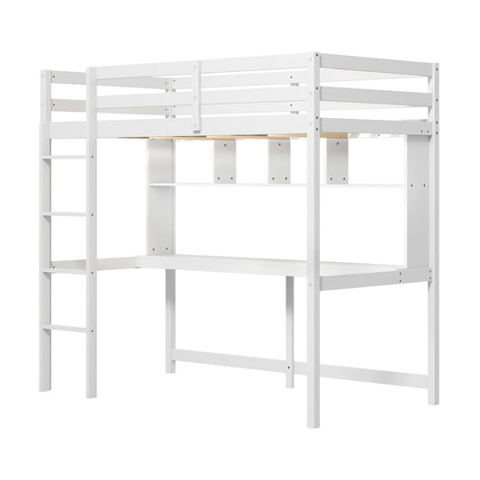 Twin Size Loft Bed with Desk and Shelves for Home Dorm Apartment No Box Spring Needed-White