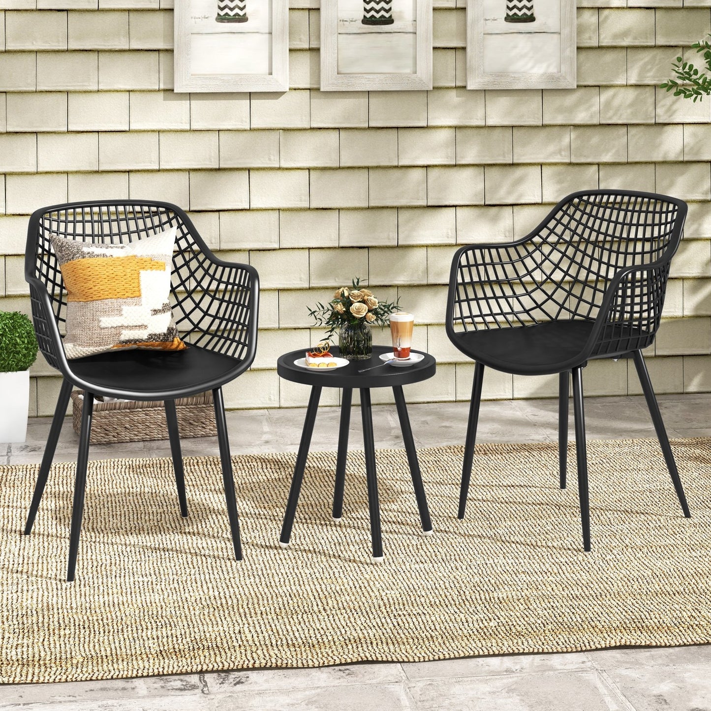 3 Piece Patio Chair Set with PP Seat and Tabletop for Porch-Black