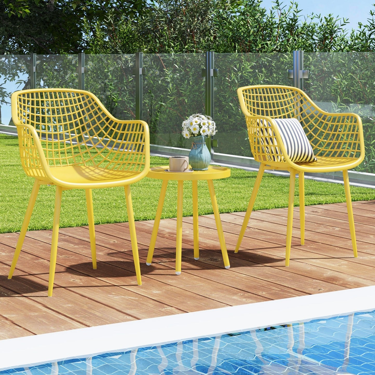 3 Piece Patio Chair Set with PP Seat and Tabletop for Porch-Black