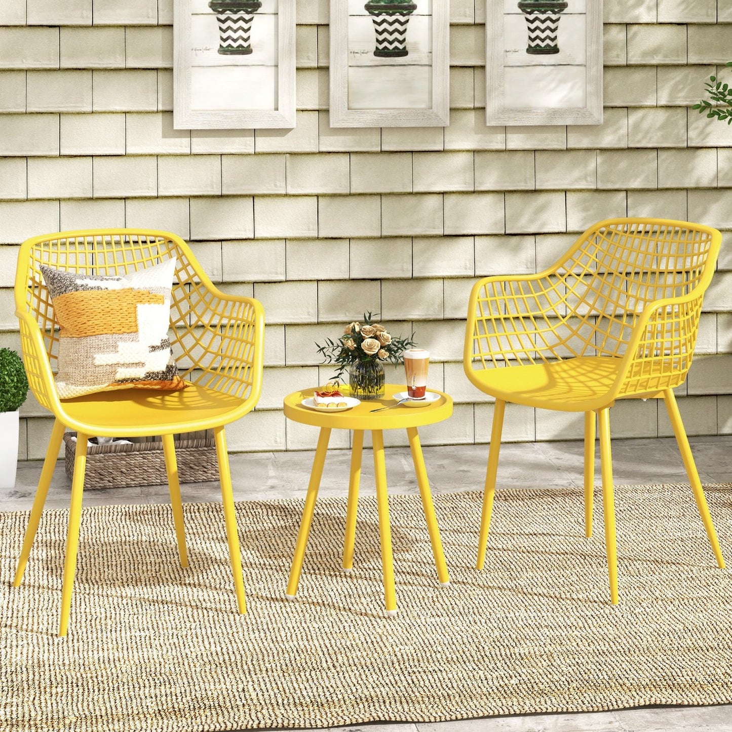 3 Piece Patio Chair Set with PP Seat and Tabletop for Porch-Black