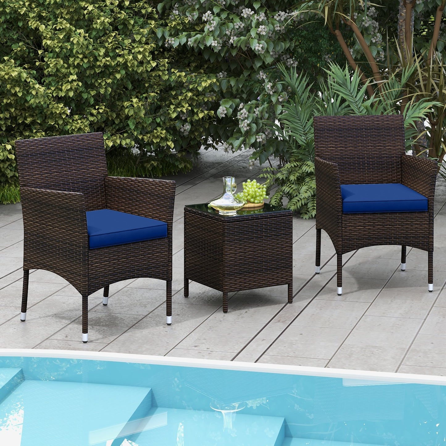 3 Pieces Outdoor Conversation Set with Cushioned Seat and Glass Tabletop-Beige