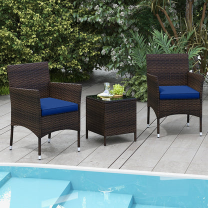 3 Pieces Outdoor Conversation Set with Cushioned Seat and Glass Tabletop-Beige