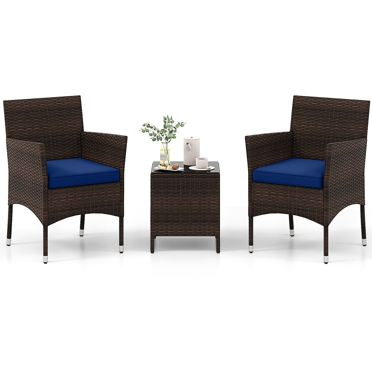 3 Pieces Outdoor Conversation Set with Cushioned Seat and Glass Tabletop-Beige