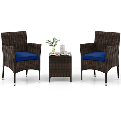 3 Pieces Outdoor Conversation Set with Cushioned Seat and Glass Tabletop-Beige