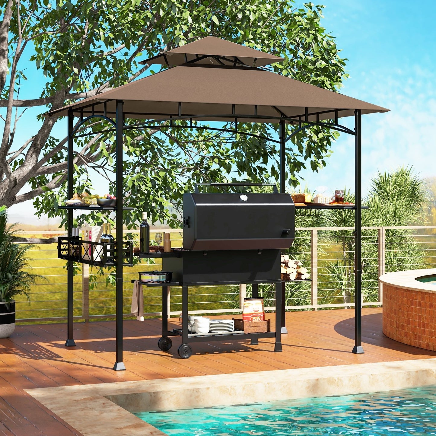 8 x 5 Feet Outdoor Grill Gazebo with 2 Side Shelves and 10 Hooks-Beige