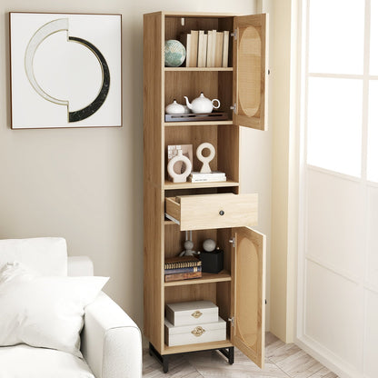 67 Inch Tall Bathroom Cabinet PE Rattan Floor Cabinet with 2 Doors-Natural