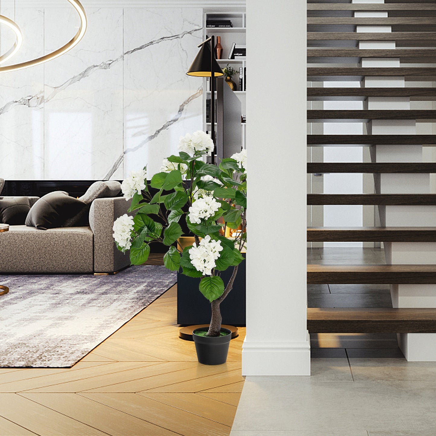 Artificial Hydrangea Tree Fake Floral Plant with 11 White Flowers-White