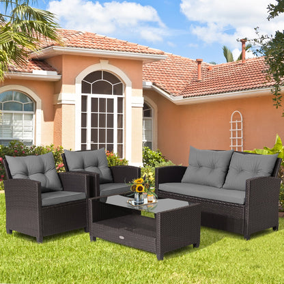 4 Pieces Outdoor Rattan Armrest Furniture Set Table with Lower Shelf-Beige