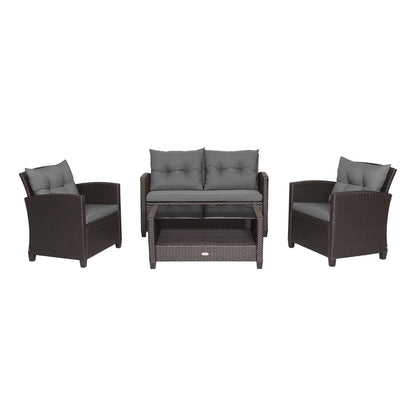 4 Pieces Outdoor Rattan Armrest Furniture Set Table with Lower Shelf-Beige