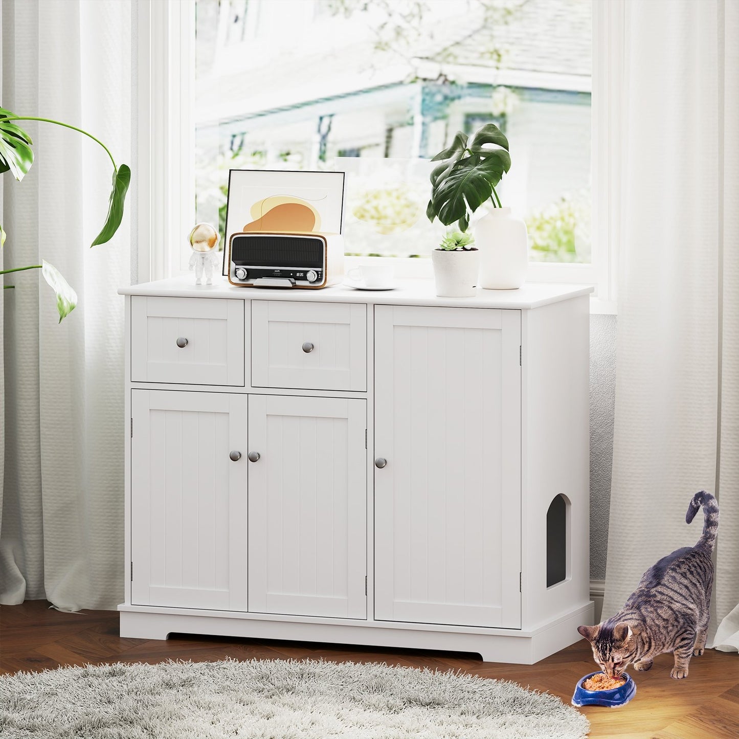 White cat litter box enclosure with 2 drawers and 3 doors, designed for kittens and adult cats, by Direct by Wilsons Home Store.