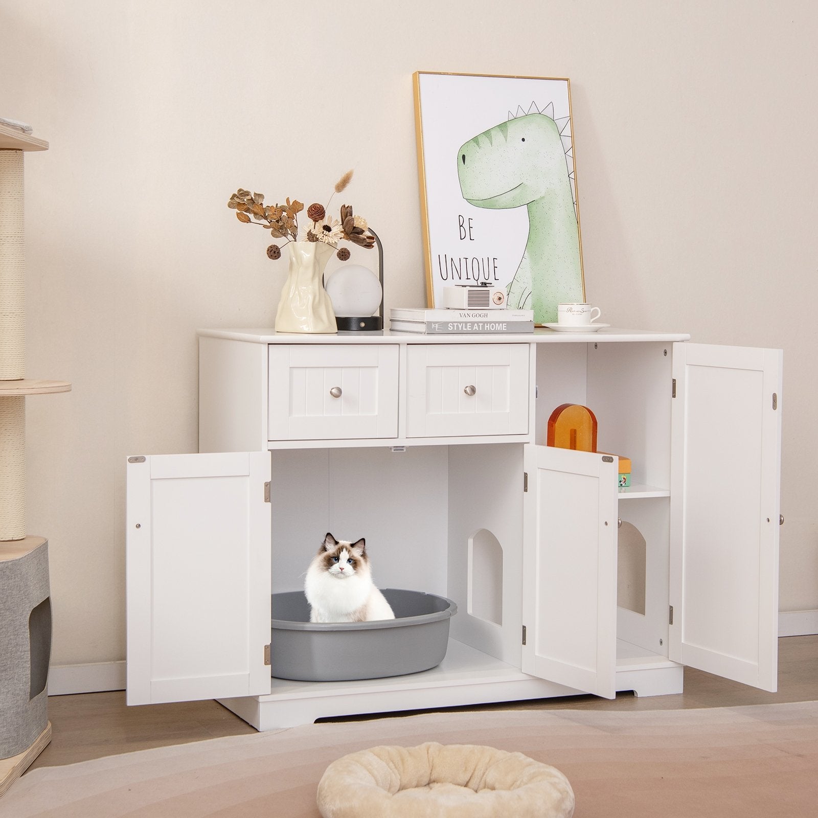 White cat litter box enclosure with two drawers and three doors, designed for kittens and adult cats, by Wilsons Home Store.