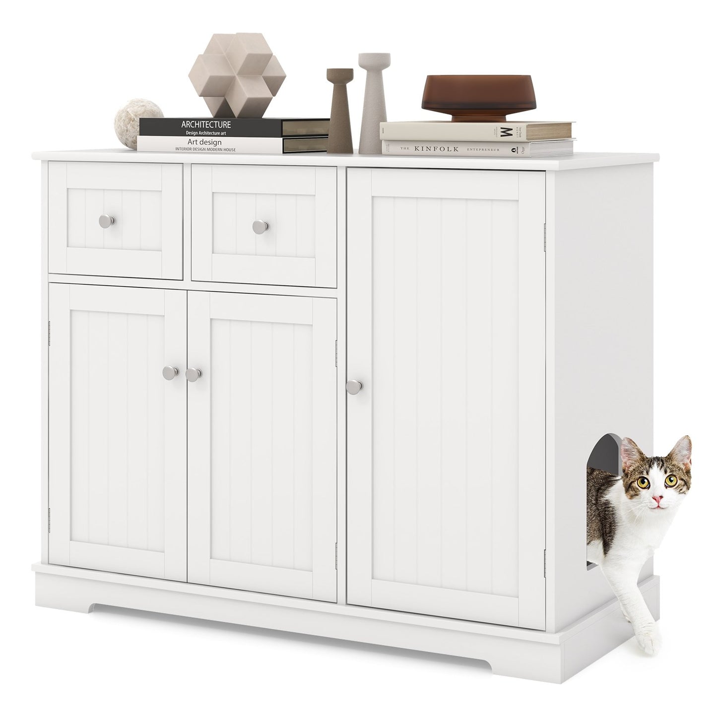 White cat litter box enclosure with 2 drawers and 3 doors, suitable for kittens and adult cats, designed for pet comfort and privacy.