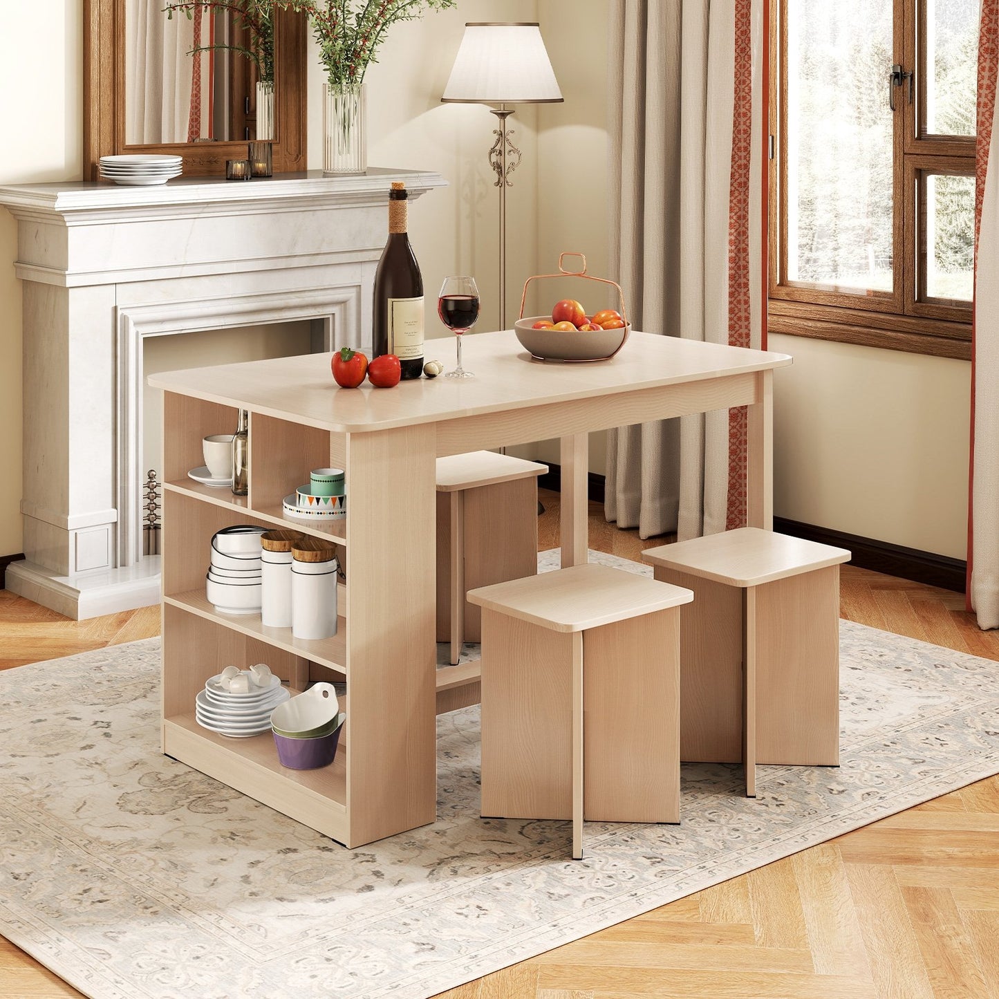5 Pieces Dining Table Set with Storage Shelf and 4 Stools-Gray