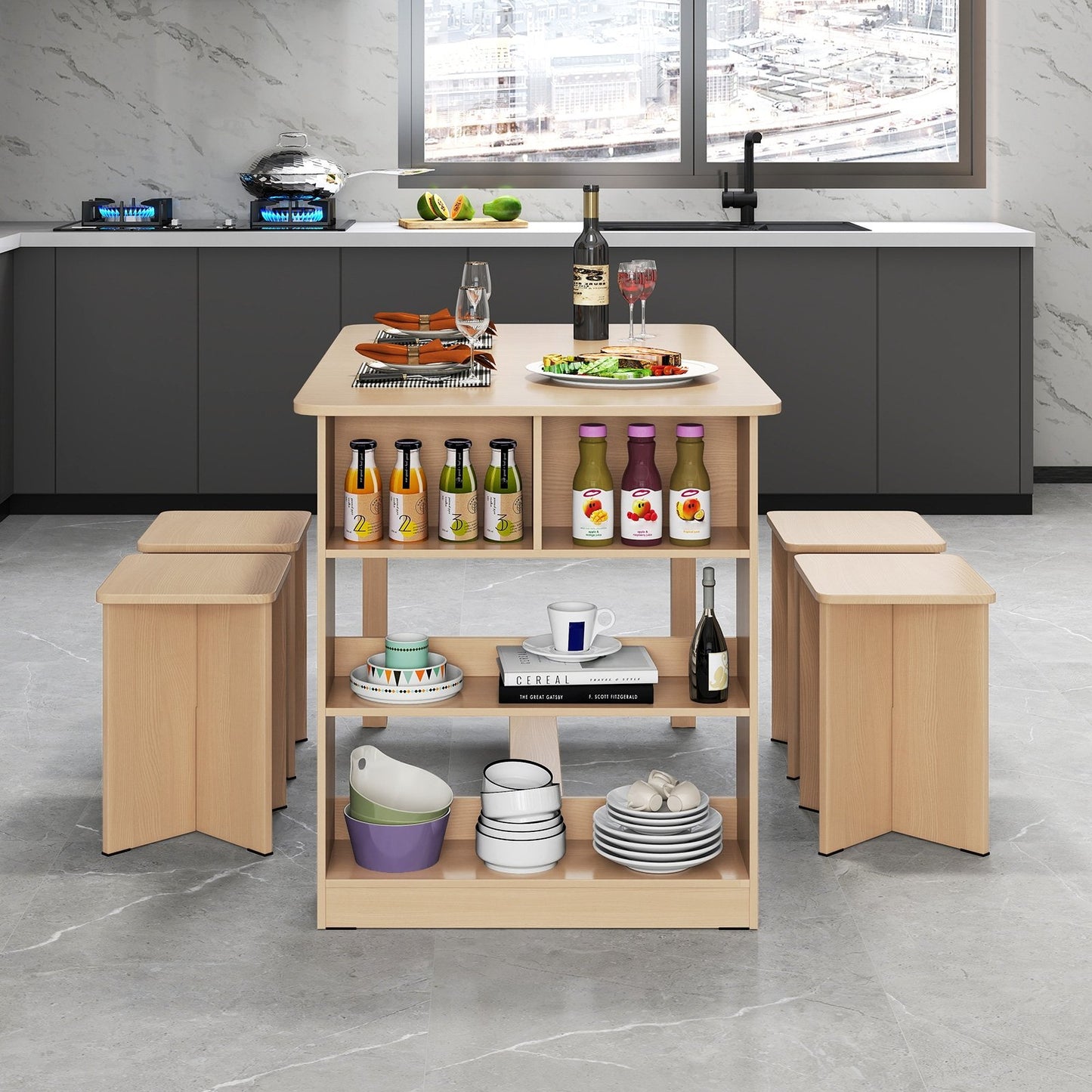 5 Pieces Dining Table Set with Storage Shelf and 4 Stools-Gray