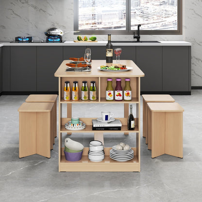 5 Pieces Dining Table Set with Storage Shelf and 4 Stools-Gray
