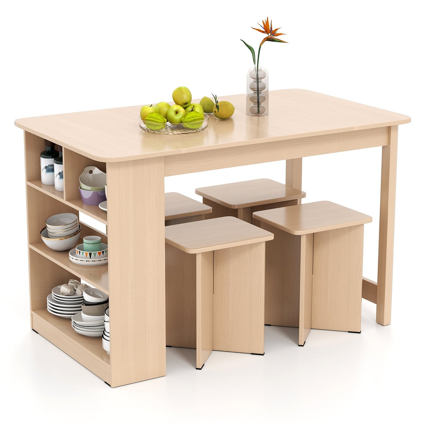 5 Pieces Dining Table Set with Storage Shelf and 4 Stools-Gray