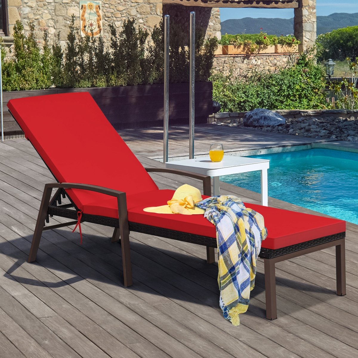 2 Pieces Patio Rattan Reclining Chaise Lounge Chair with Cushion and Armrest-Turquoise and White