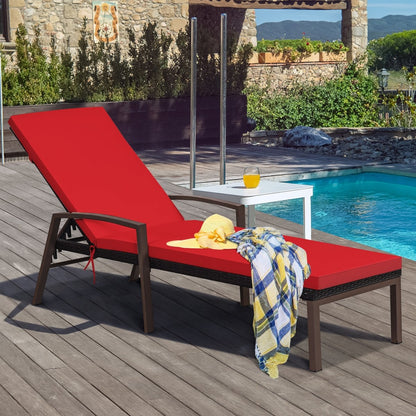 2 Pieces Patio Rattan Reclining Chaise Lounge Chair with Cushion and Armrest-Turquoise and White
