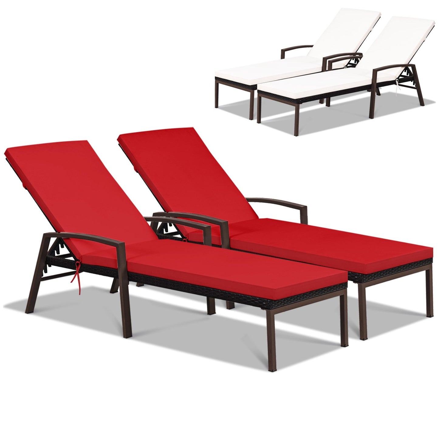 2 Pieces Patio Rattan Reclining Chaise Lounge Chair with Cushion and Armrest-Turquoise and White