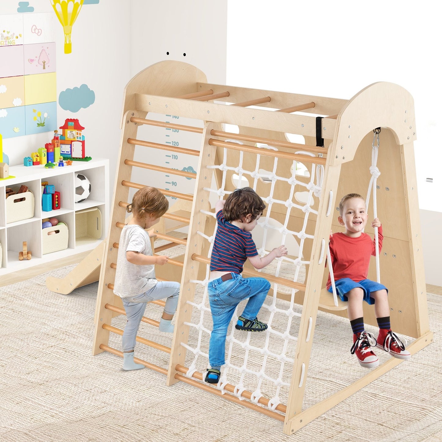 8-in-1 Indoor Jungle Gym Wooden Playground with Swing and Climbing Wall-Natural