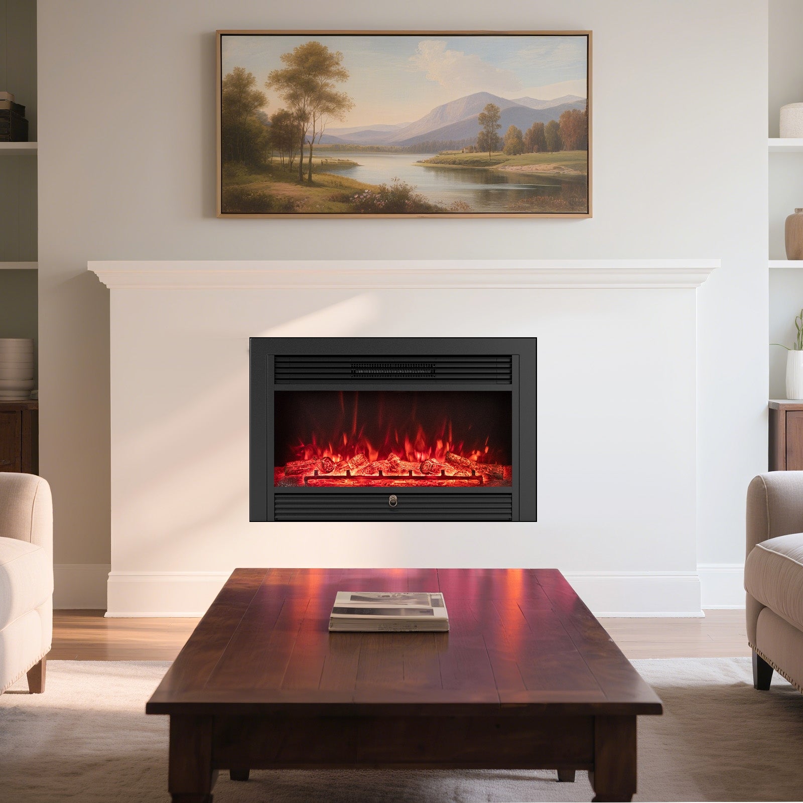 33/36-inch electric fireplace insert by Wilsons Home Store showing a sleek black recessed heater with glowing flames and control panel.
