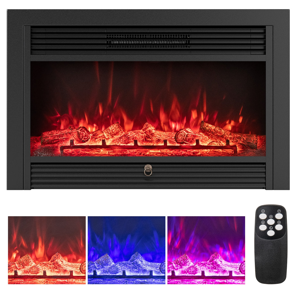 33/36-inch electric fireplace insert from Wilsons Home Store with 750W/1500W heat settings, recessed design, and realistic flame display.