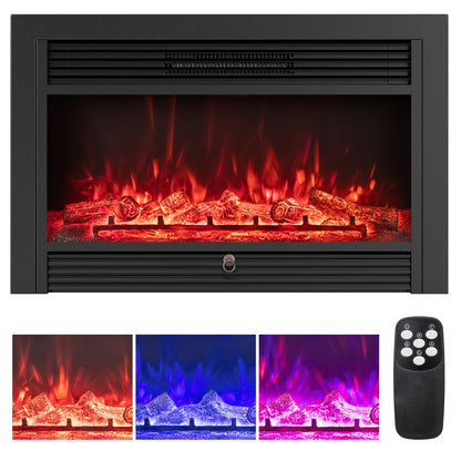 33/36-inch electric fireplace insert from Wilsons Home Store with 750W/1500W heat settings, recessed design, and realistic flame display.