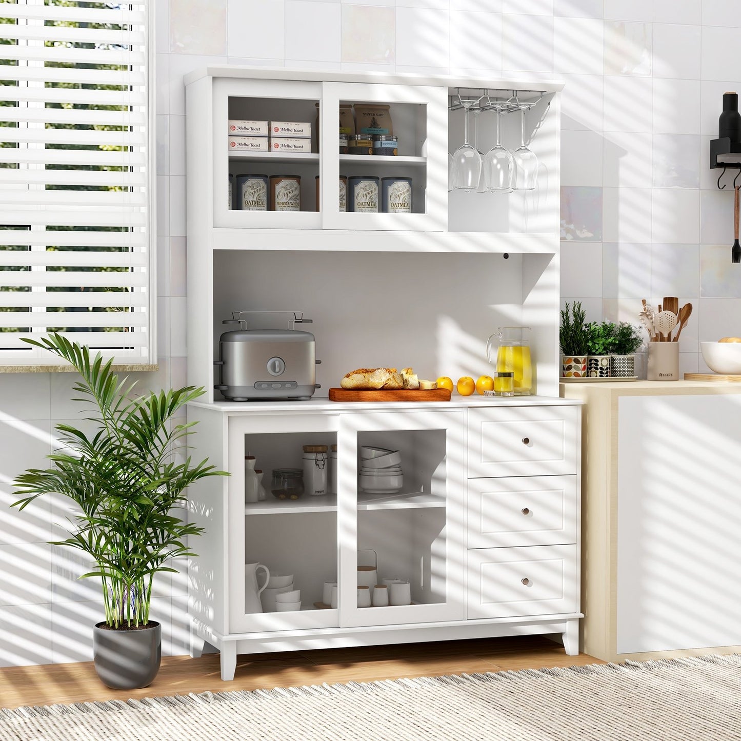 Kitchen Pantry Storage Cabinet Kitchen Hutch with LED lights and Power Outlet-Dark Brown