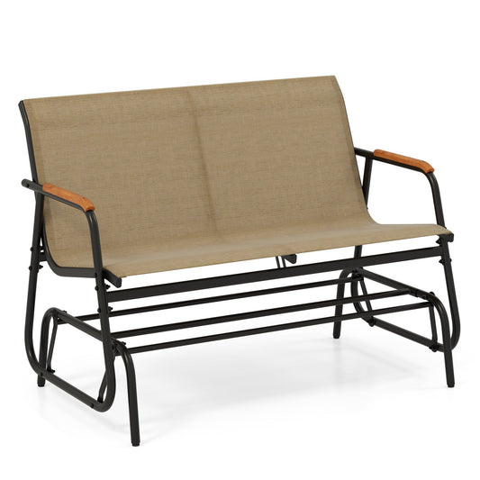 Patio Glider Bench with Curved Teak Armrests and Breathable Fabric Seat for 2 People-Brown