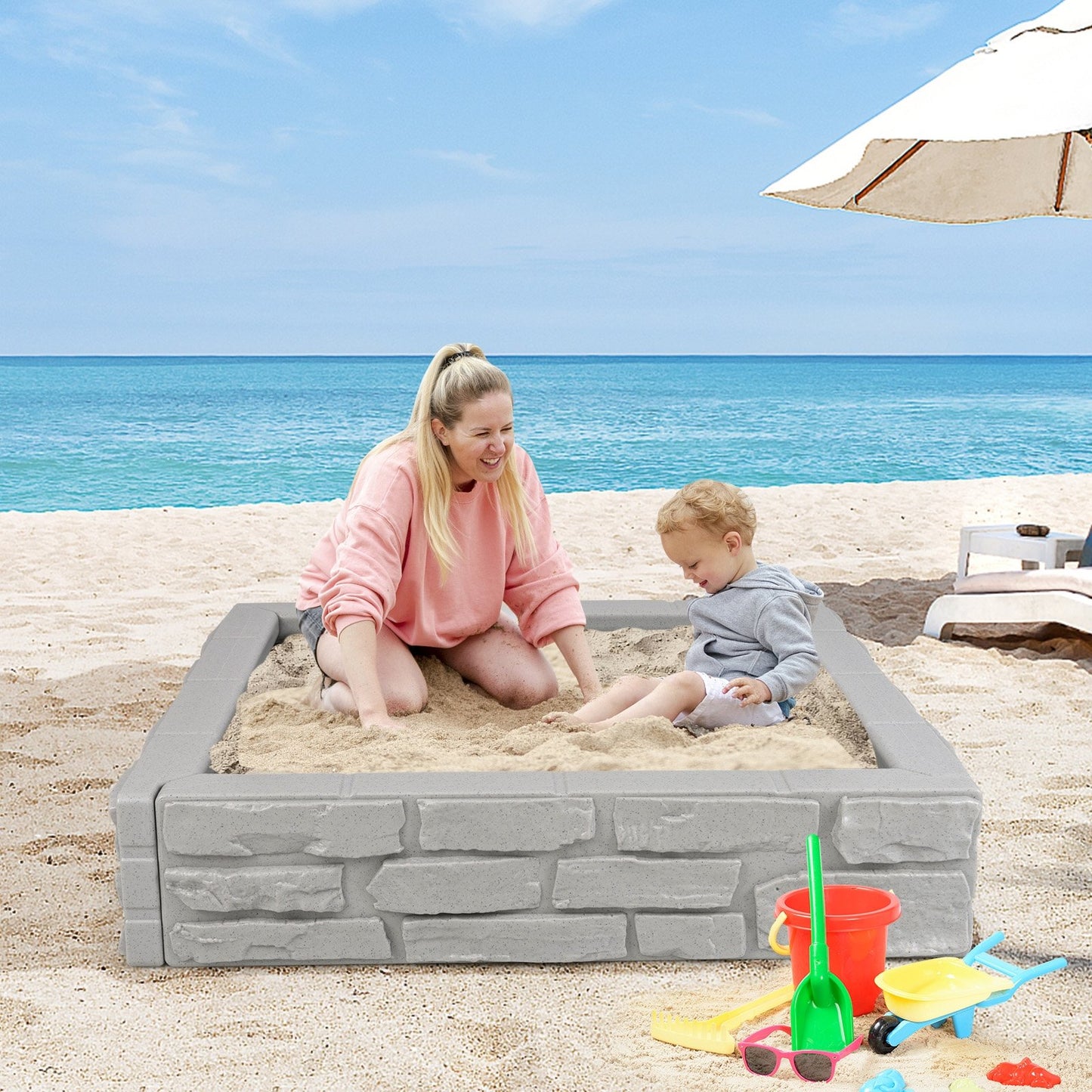 2-In-1 HDPE Kids Sandbox with Cover and Bottom Liner-Brown