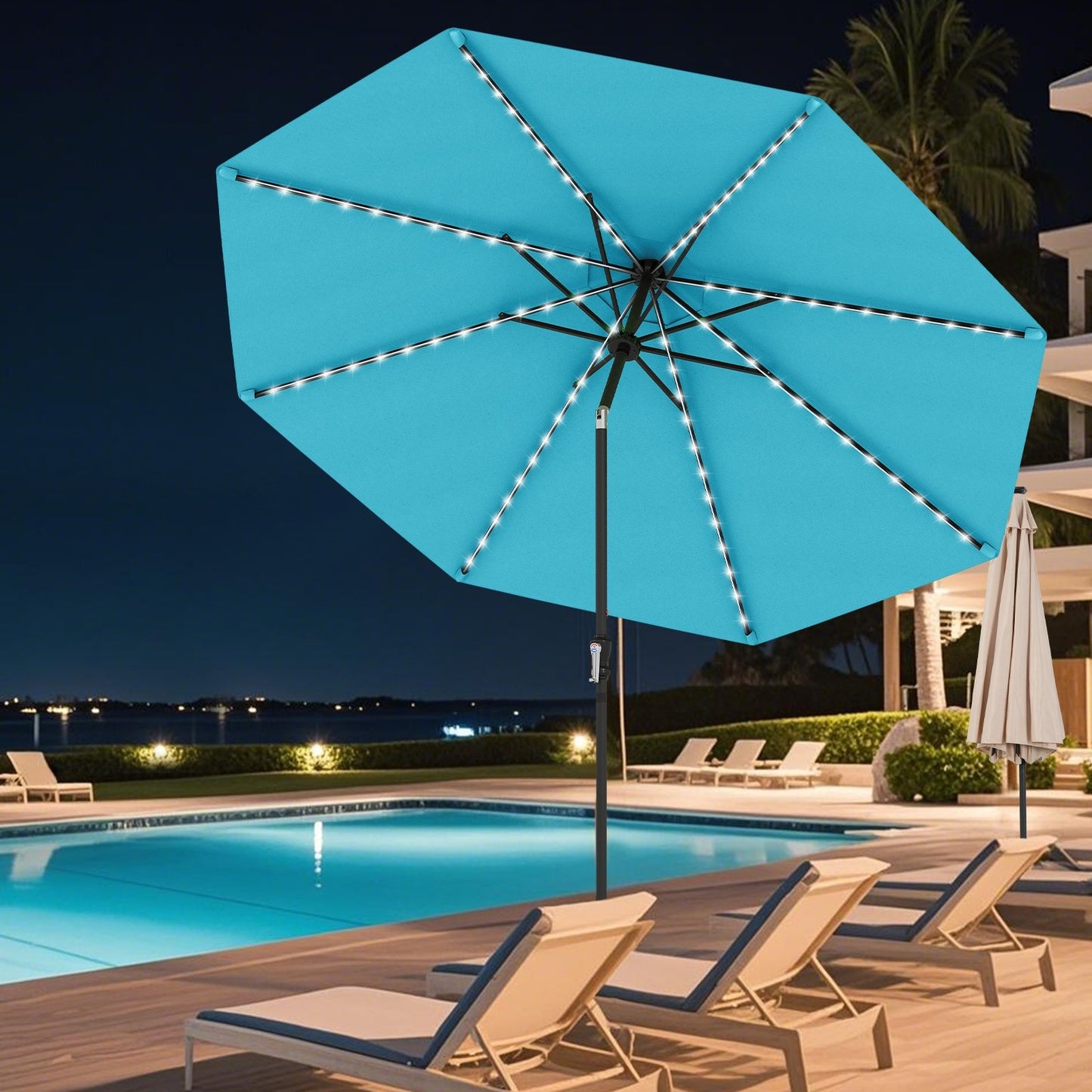 10 Feet Solar Patio Umbrella with 96 Multi-Colored Flowing LED Lights and Tilt Adjustment-Beige