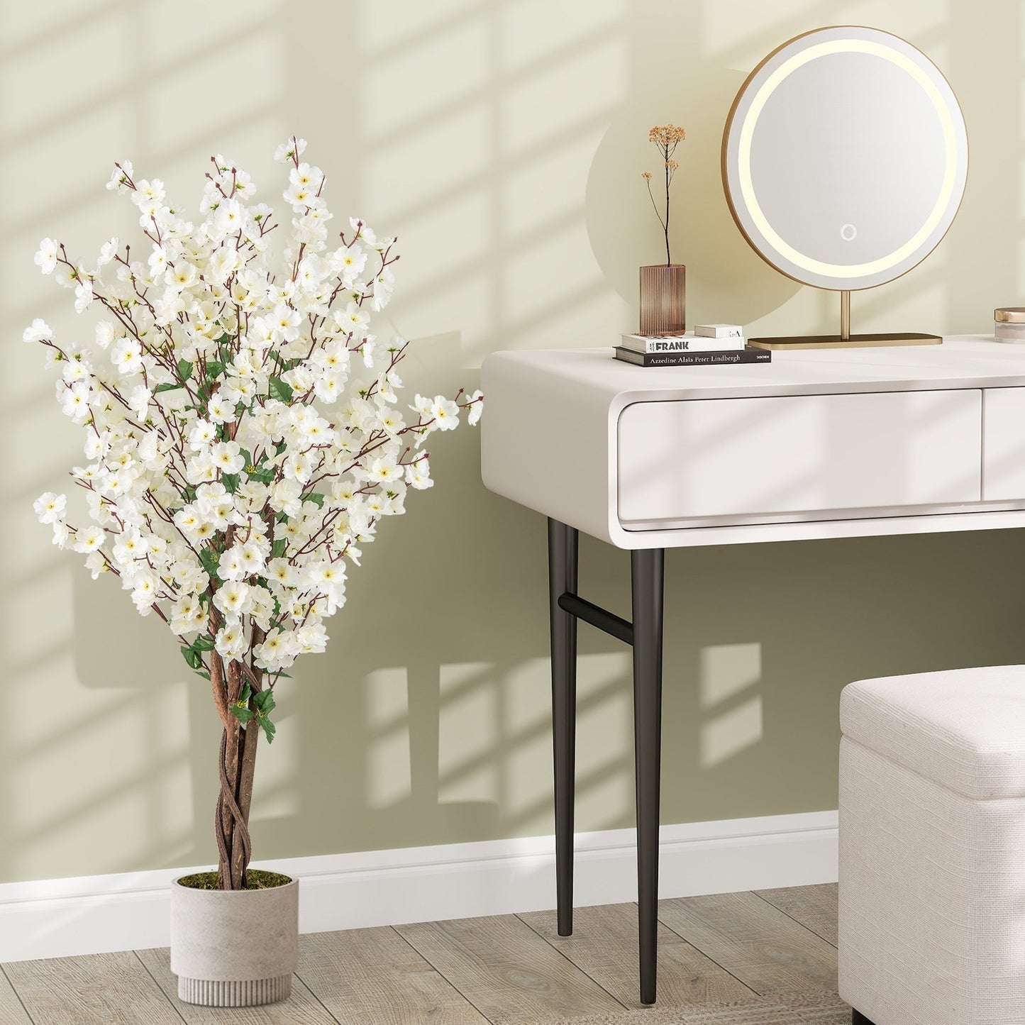 Faux Plum Blossom Plant with White Fabric Flower and Solid Wood Trunk-White
