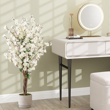Faux Plum Blossom Plant with White Fabric Flower and Solid Wood Trunk-White