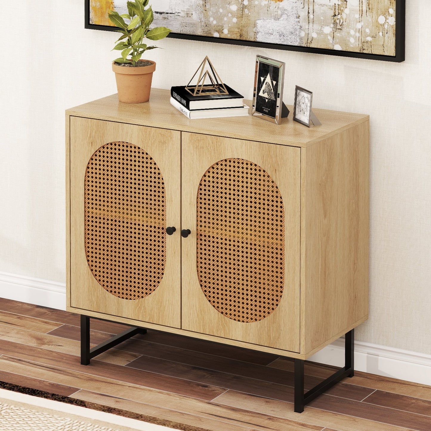 Buffet Cabinet Rattan Storage Cabinet with 2 Doors and Adjustable Shelf-Natural