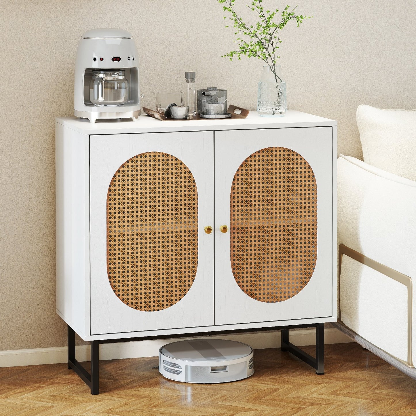 Buffet Cabinet Rattan Storage Cabinet with 2 Doors and Adjustable Shelf-Natural
